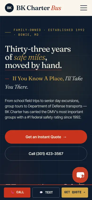 Mobile view of the BK Charter Bus website, a motorcoach operator.