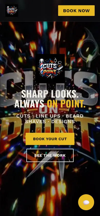 Mobile view of the Cuts On Point barbershop website.