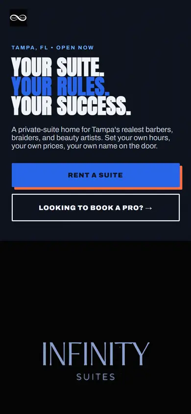 Mobile view of the Infinity Suites salon leasing website.